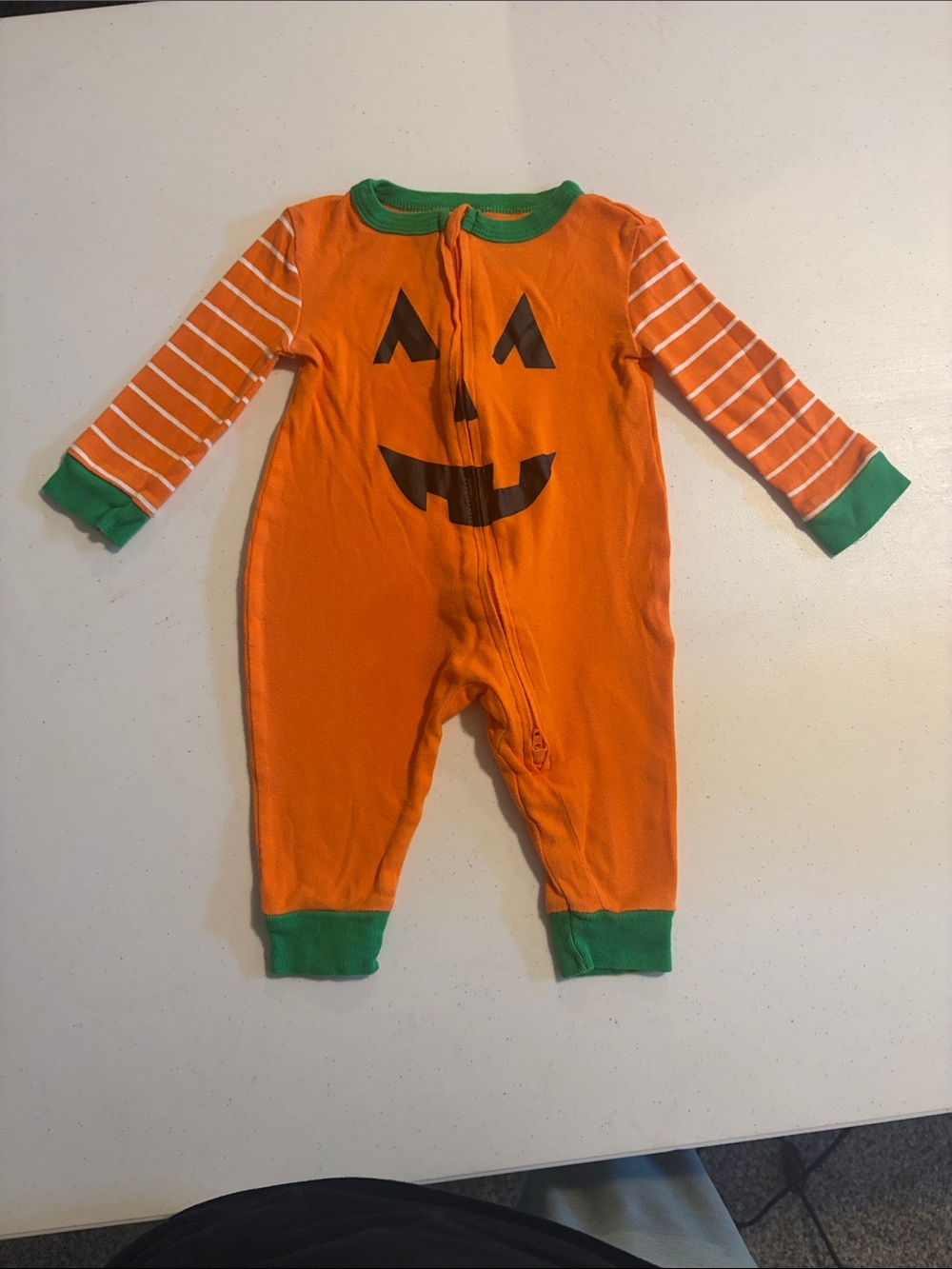 Kids Orange Pumpkin One-Piece Sleeper with Green Trim